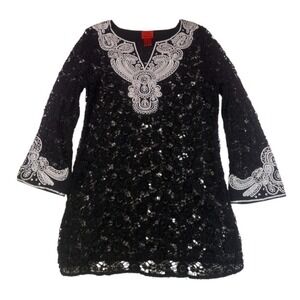 V Cristina Black Lace Embroidered Tunic Top Size Medium